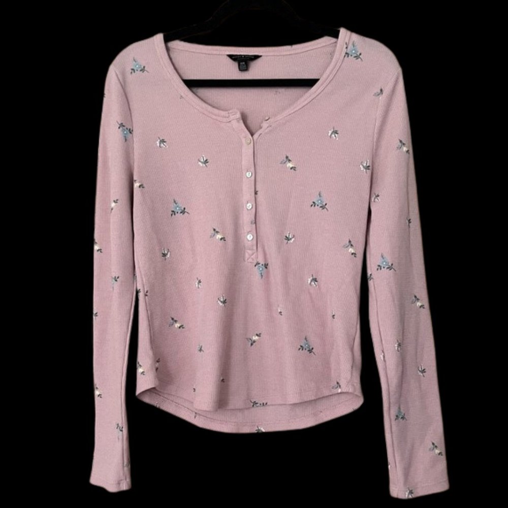 Lucky Brand Medium Pink Floral Waffle Henley Women’s Top